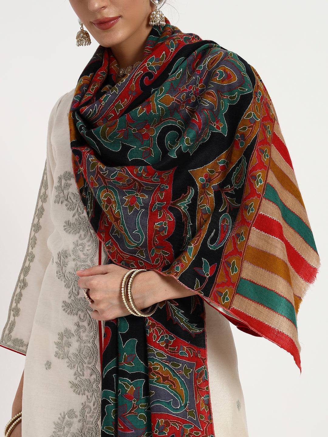 Women's Handcrafted Pashmina Sozni Kalamkari Stole
