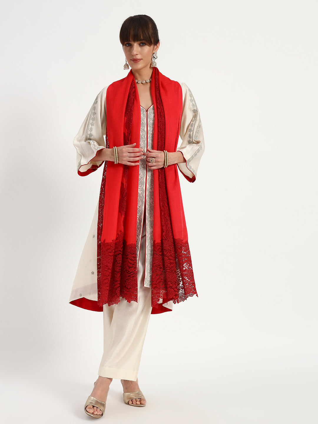 Fine Wool Floral Lace Stole for Women
