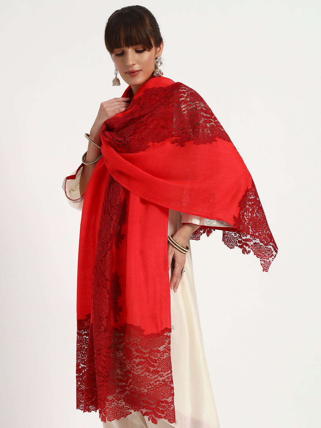 Fine Wool Floral Lace Stole for Women