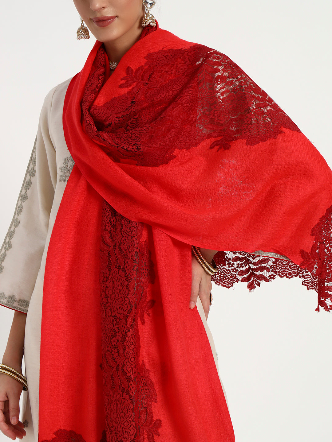 Fine Wool Floral Lace Stole for Women
