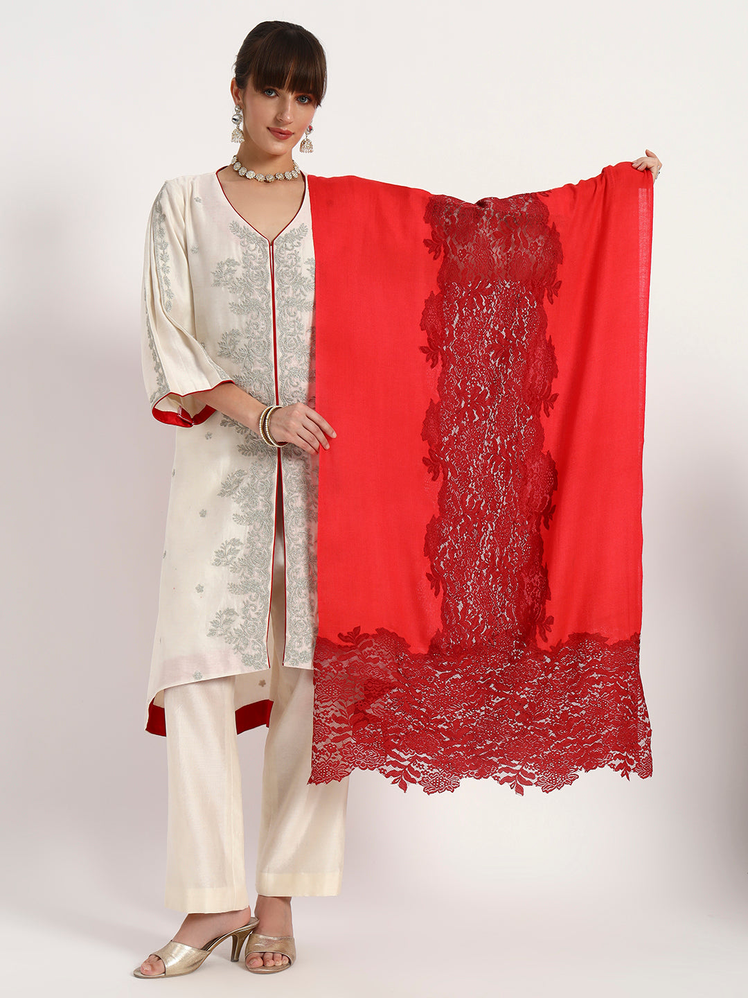Fine Wool Floral Lace Stole for Women