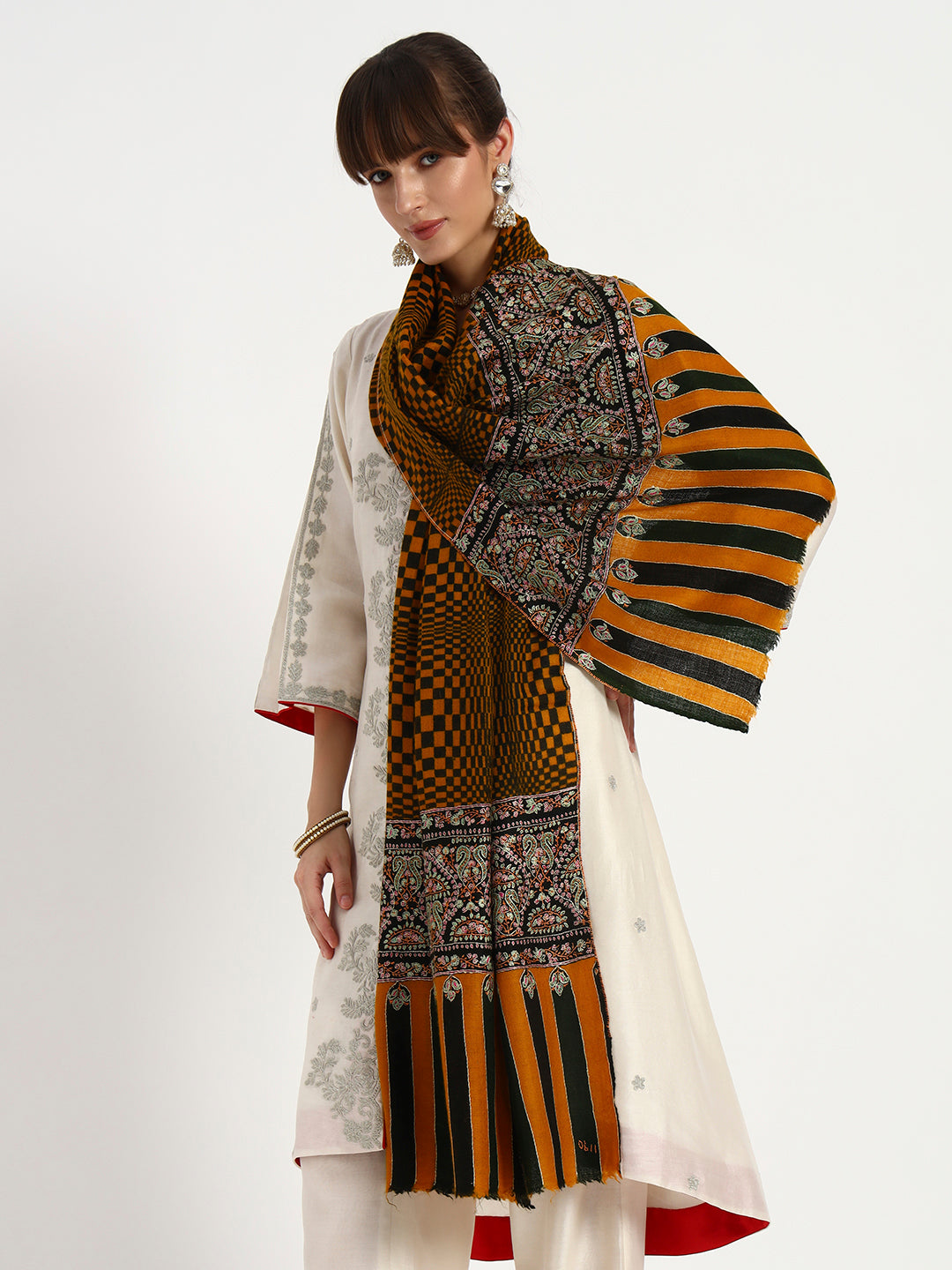 Women's Handcrafted Pashmina Sozni Palladaar Stole with Check Print