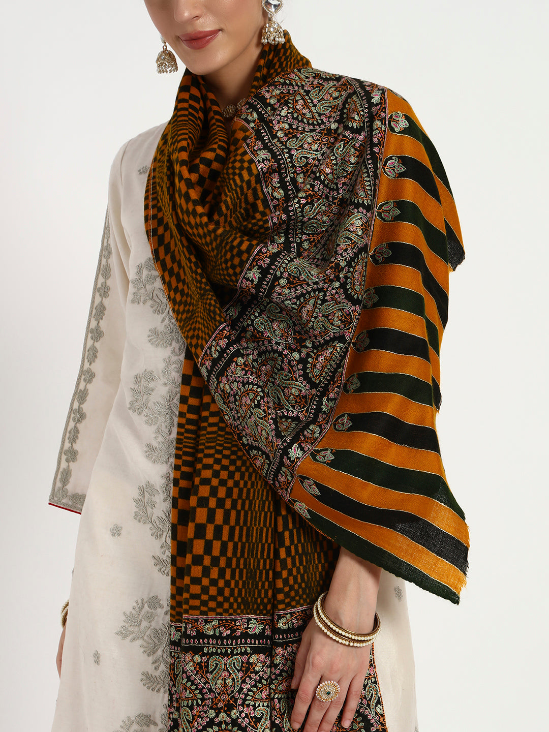 Women's Handcrafted Pashmina Sozni Palladaar Stole with Check Print