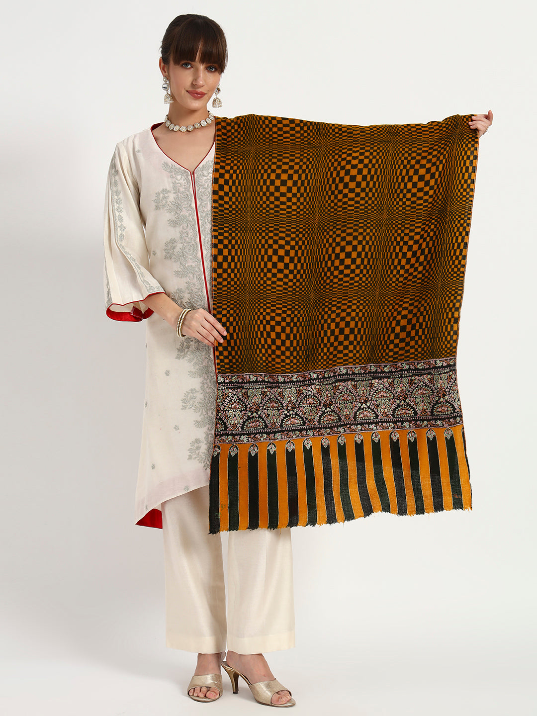 Women's Handcrafted Pashmina Sozni Palladaar Stole with Check Print