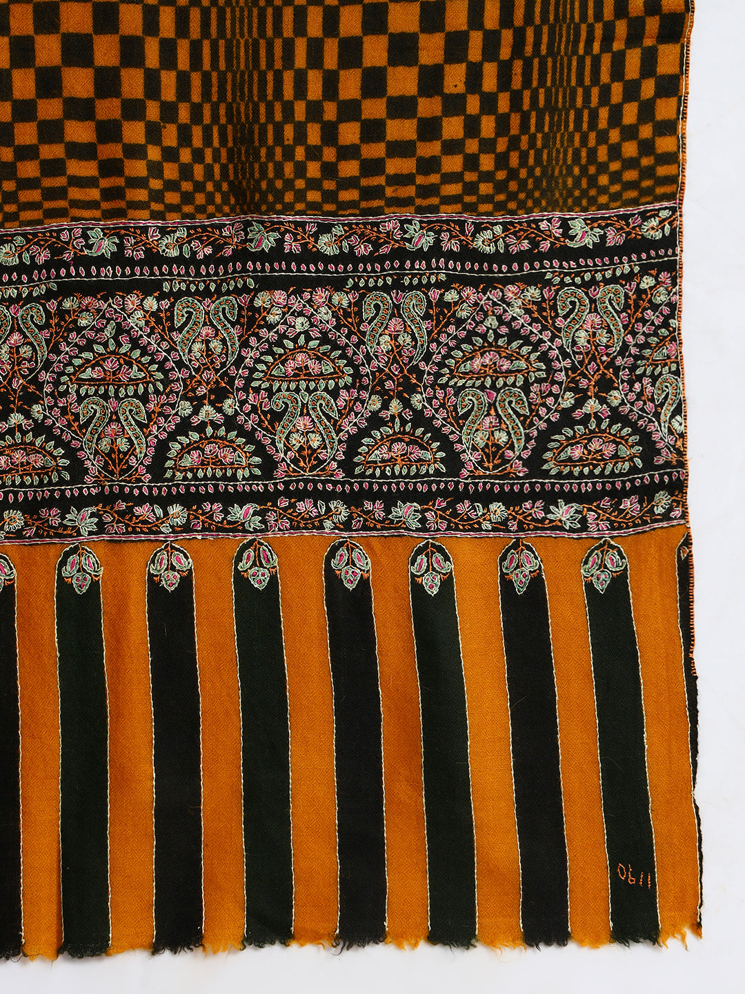 Women's Handcrafted Pashmina Sozni Palladaar Stole with Check Print