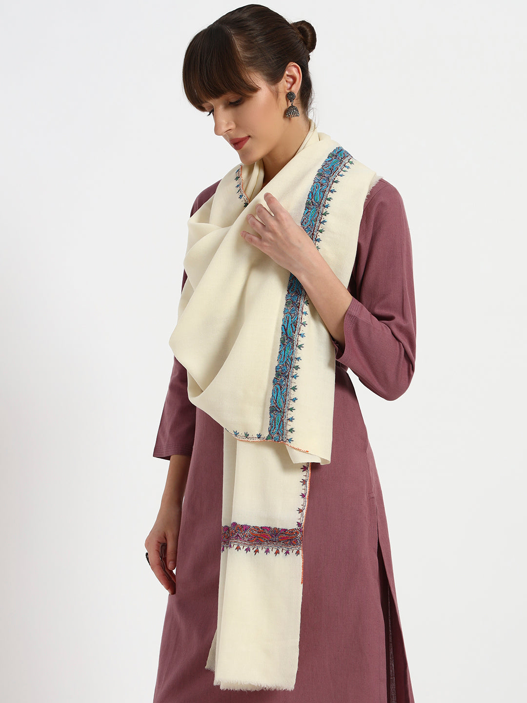 Women's Premium Fine Wool Aksi Sozni Reversible Hand Embroidered Stole