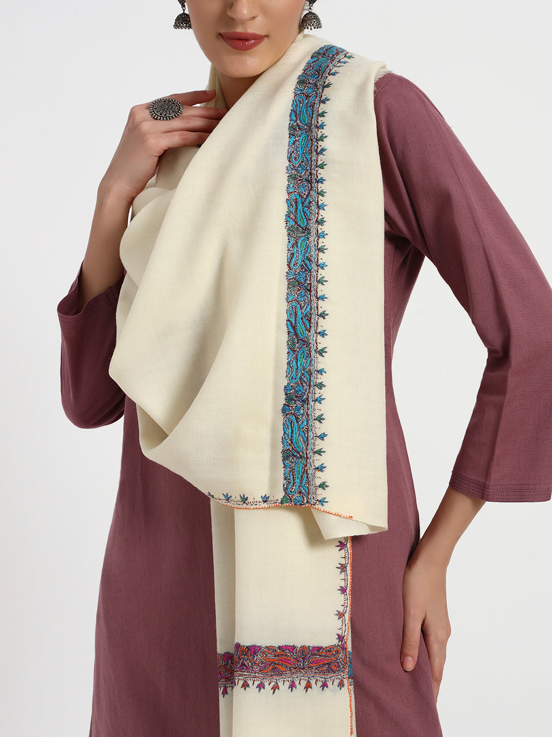Women's Premium Fine Wool Aksi Sozni Reversible Hand Embroidered Stole