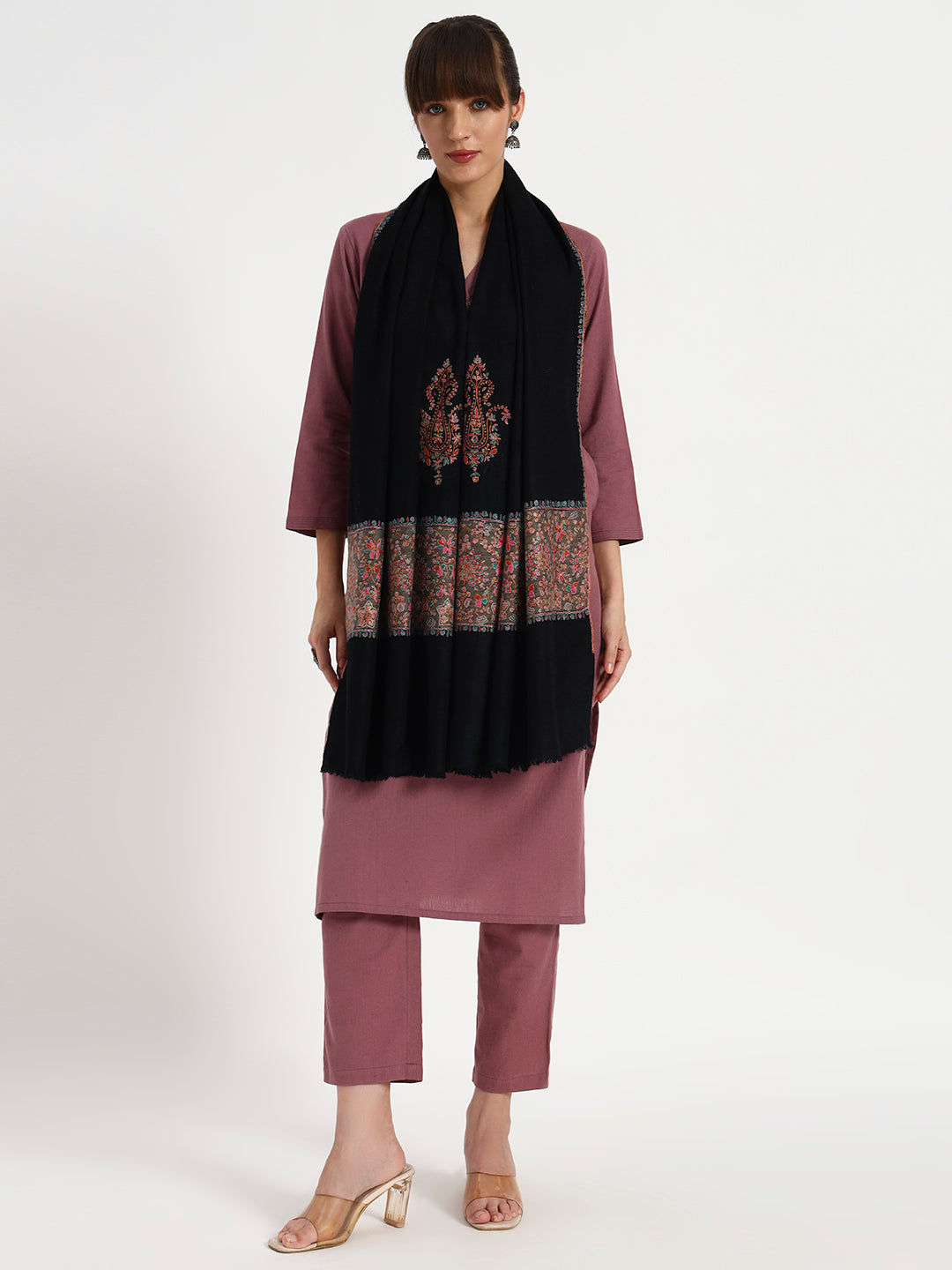 Women's Handcrafted Pashmina Sozni Palladaar Stole with Paisley Bootah Motifs