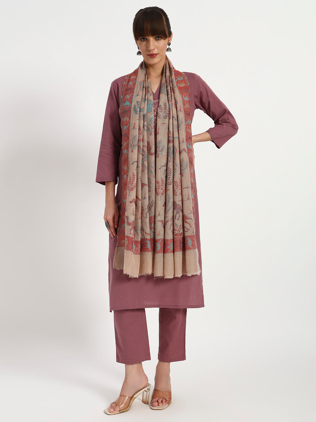 Exquisite Fine Wool Kani Stole with Camel Motifs for Women