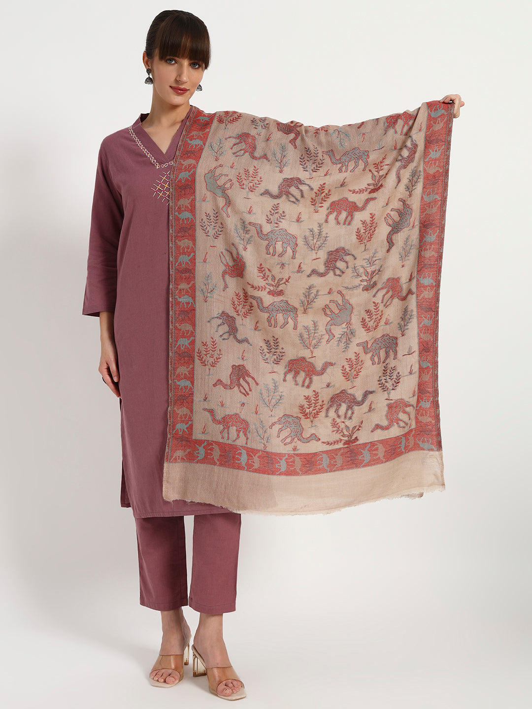 Exquisite Fine Wool Kani Stole with Camel Motifs for Women