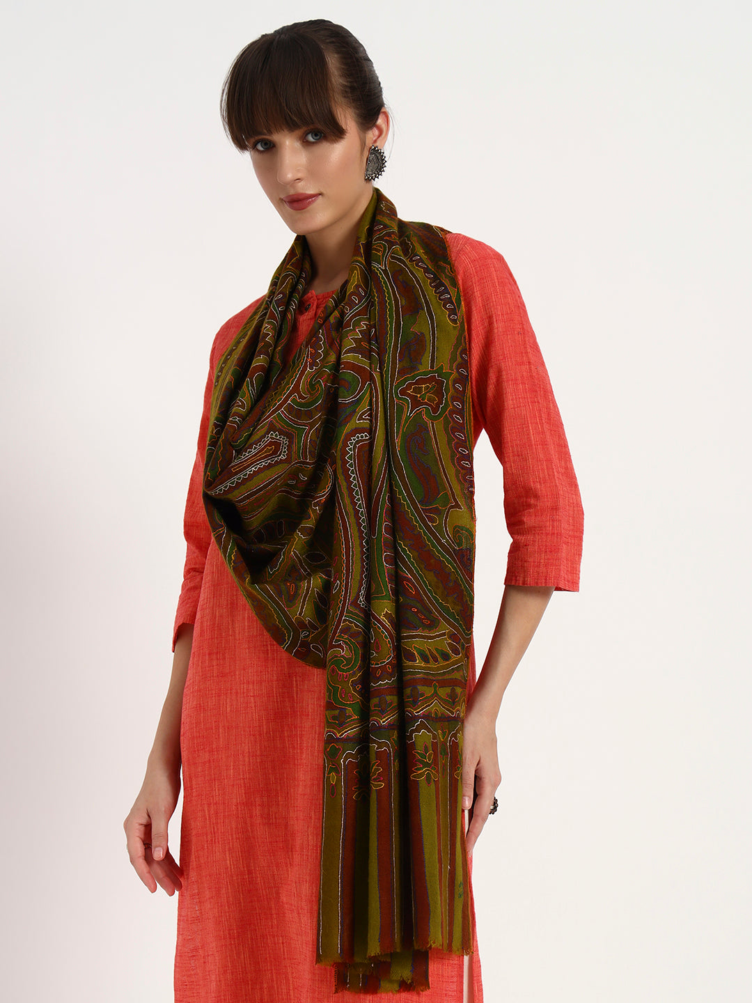 Women's Handcrafted Pashmina Kalamkari & Sozni Embroidery Stole