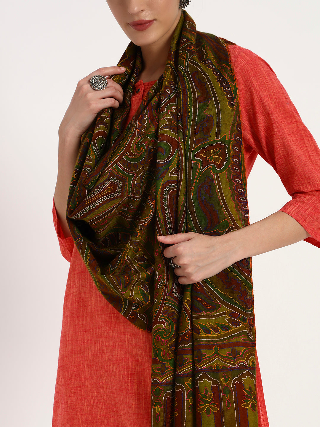 Women's Handcrafted Pashmina Kalamkari & Sozni Embroidery Stole