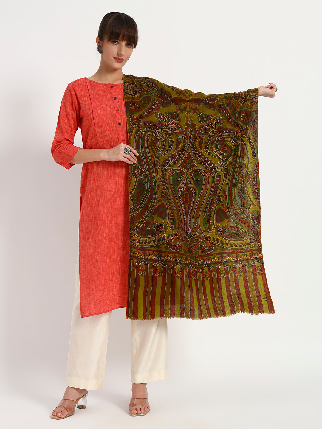 Women's Handcrafted Pashmina Kalamkari & Sozni Embroidery Stole