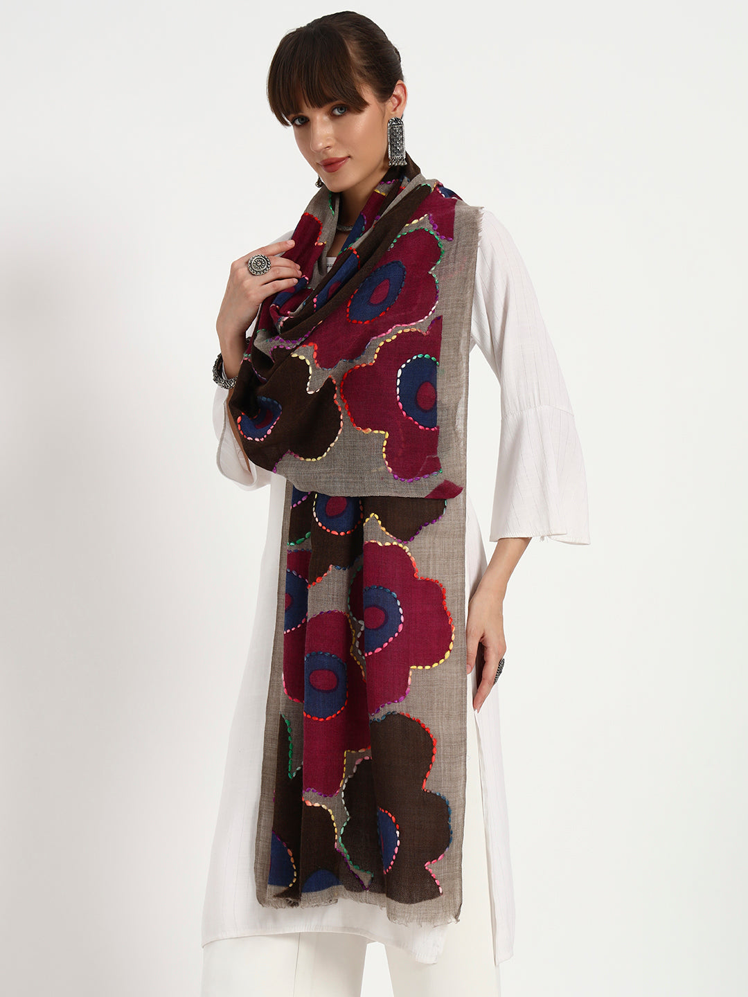 Women’s Fine Wool Printed Stole with Hand Embroidery