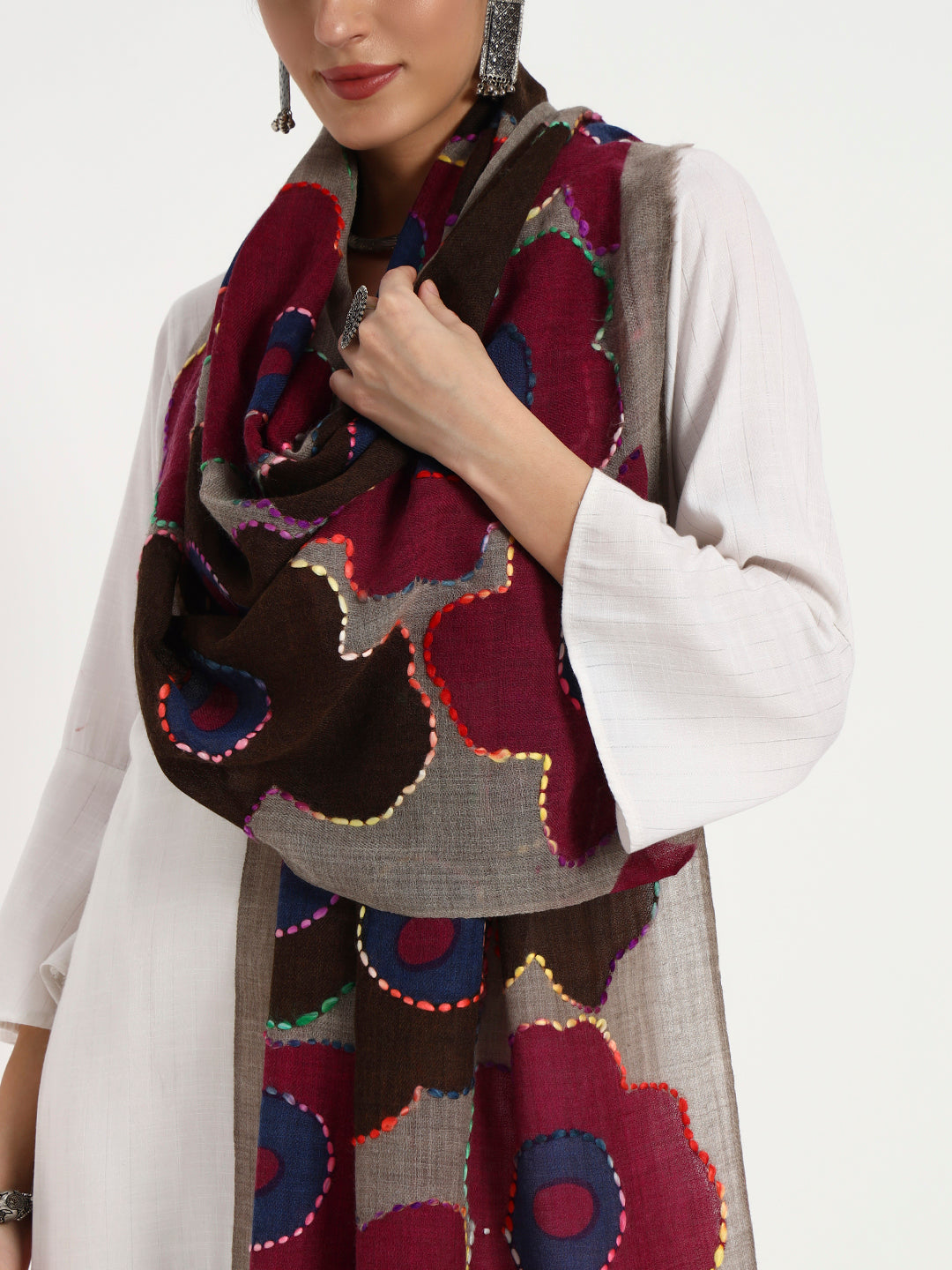 Women’s Fine Wool Printed Stole with Hand Embroidery