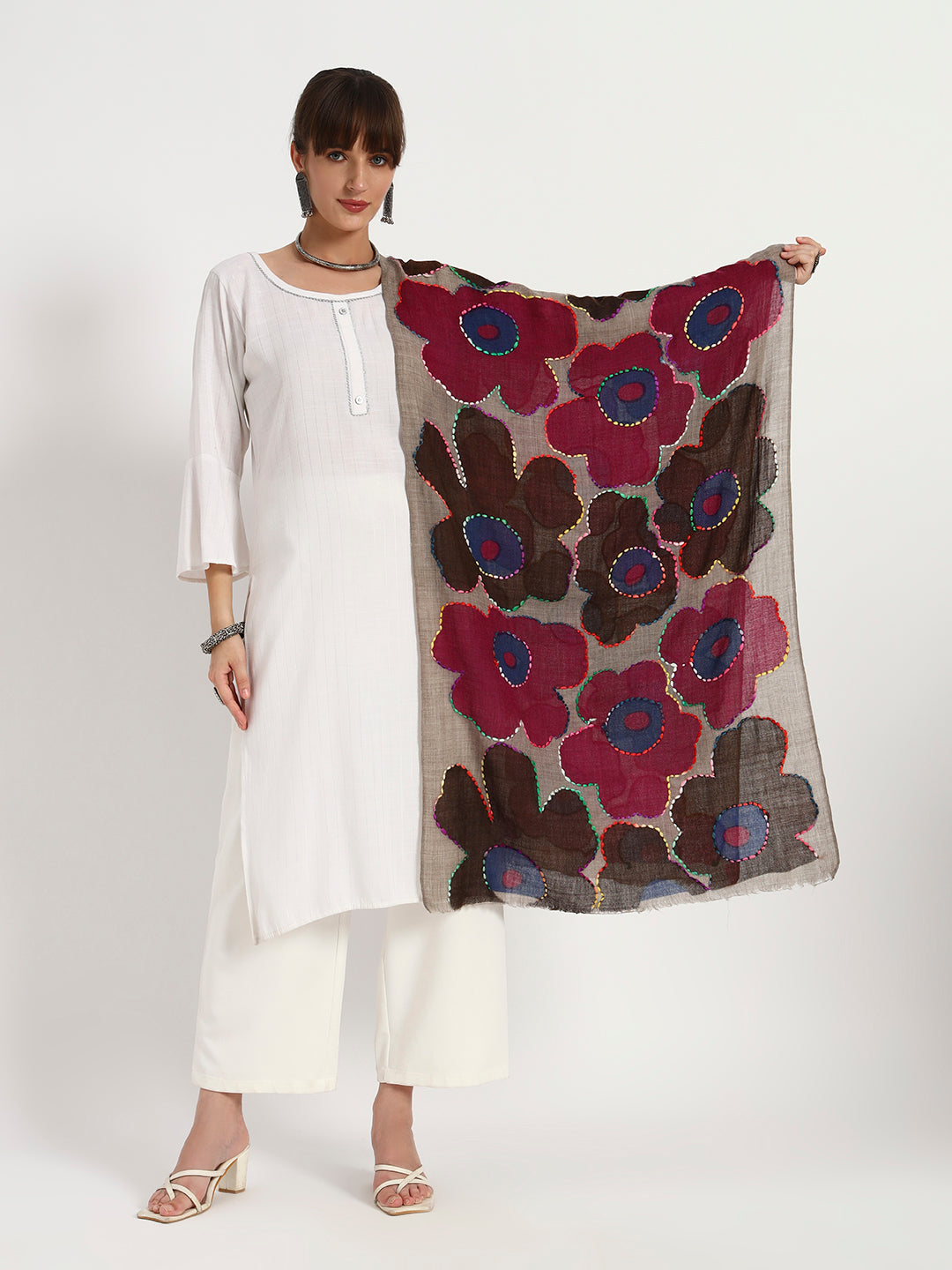 Women’s Fine Wool Printed Stole with Hand Embroidery