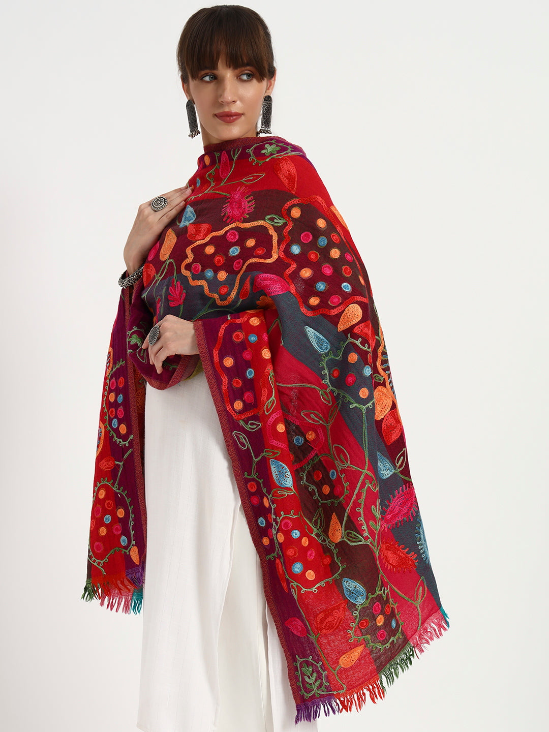 Women’s Boiled Wool Printed Stole with Ari Embroidery