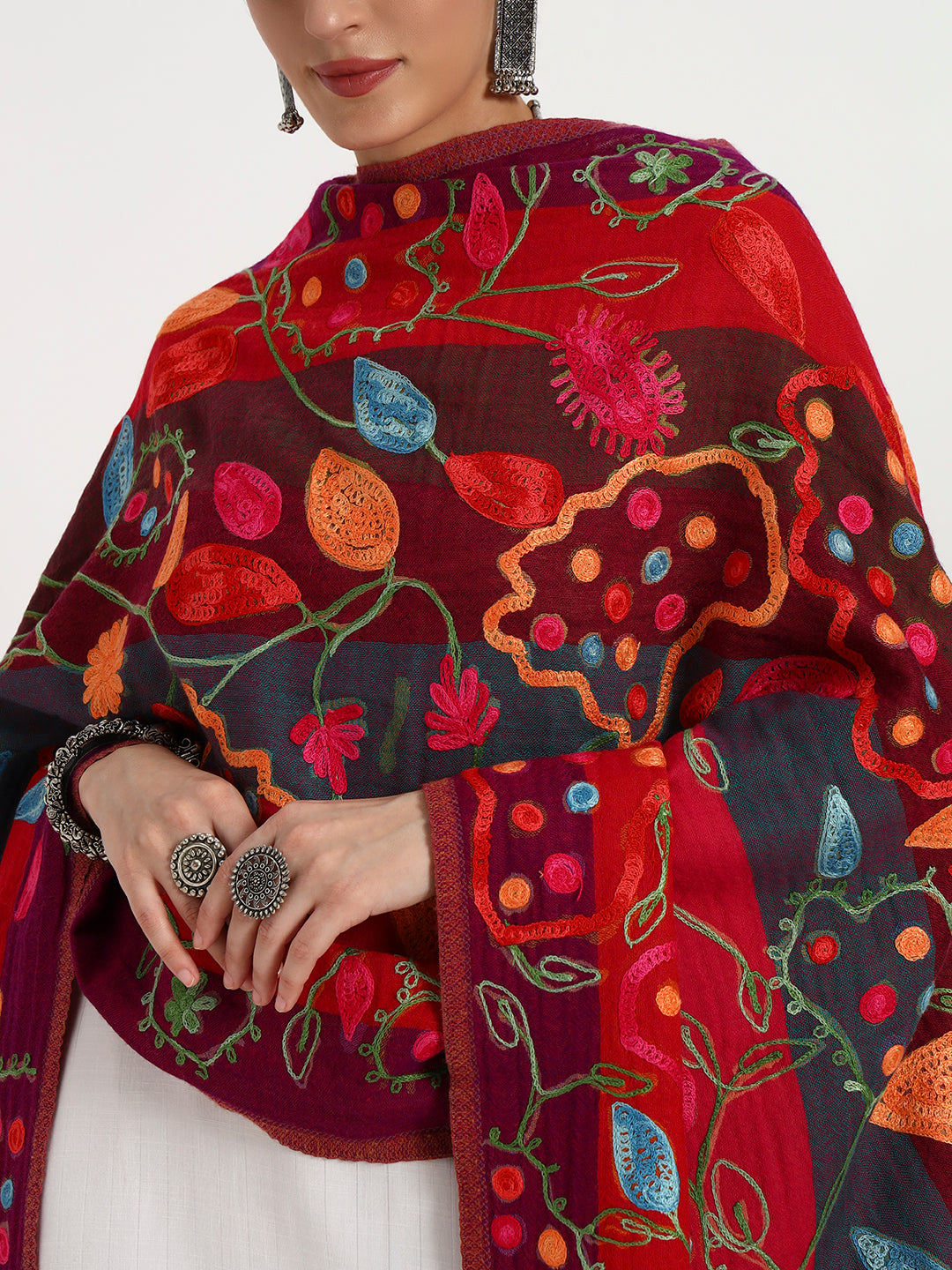 Women’s Boiled Wool Printed Stole with Ari Embroidery