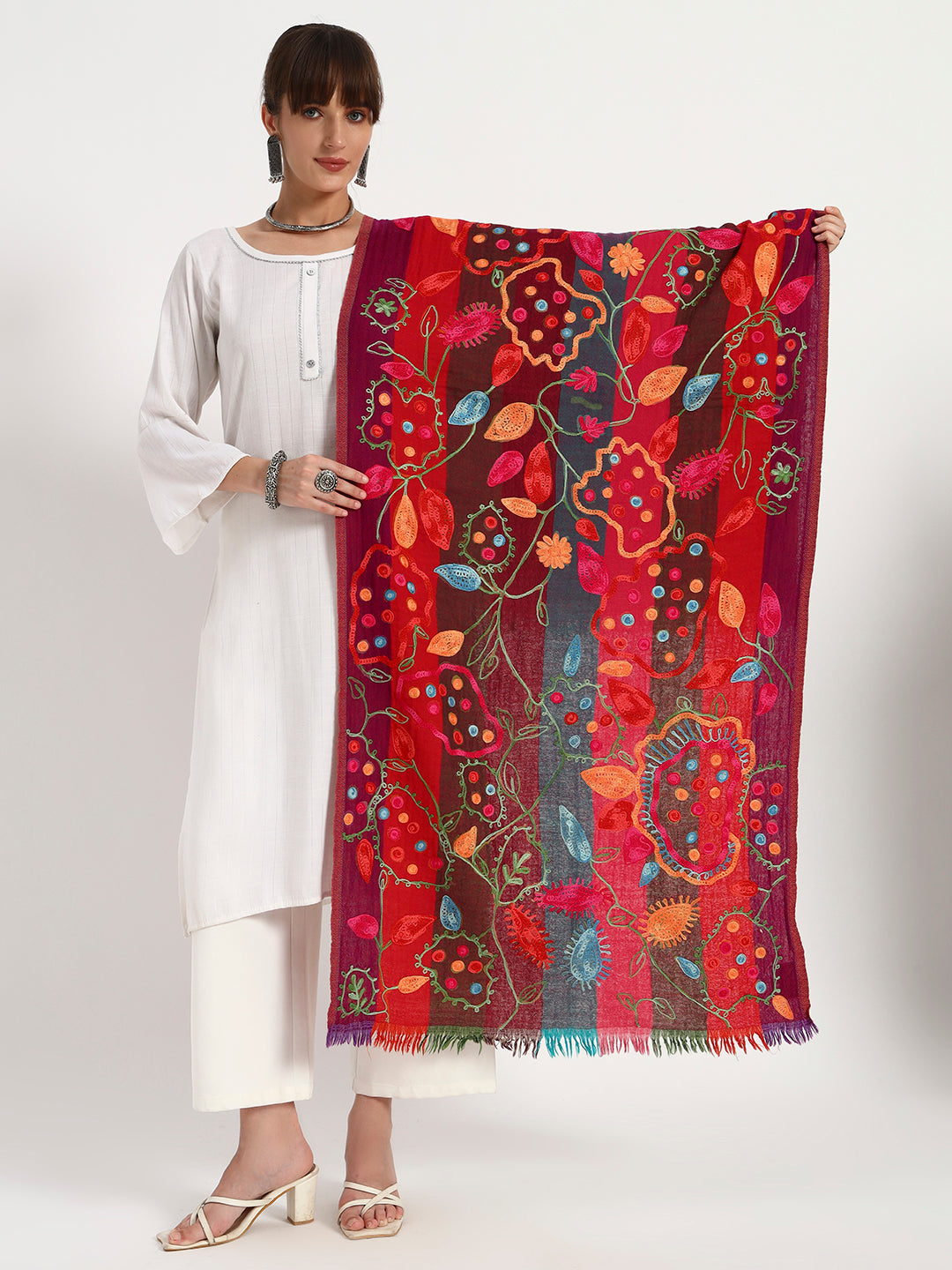 Women’s Boiled Wool Printed Stole with Ari Embroidery