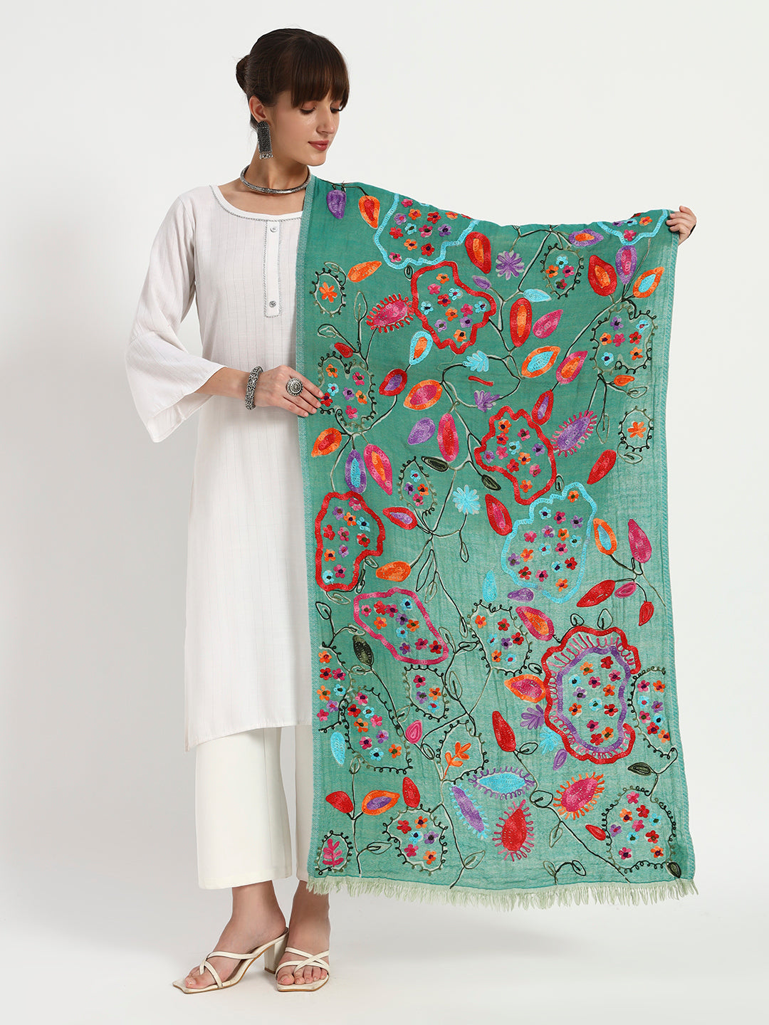 Women’s Boiled Wool Stole with Printed Design & Ari Embroidery