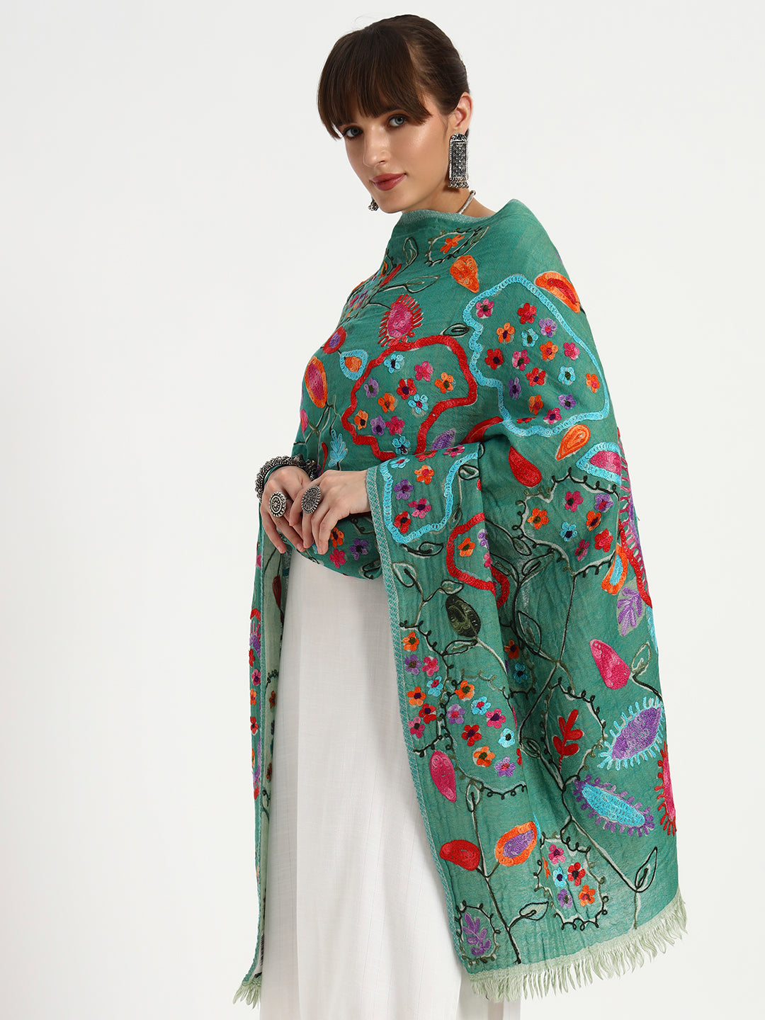 Women’s Boiled Wool Stole with Printed Design & Ari Embroidery