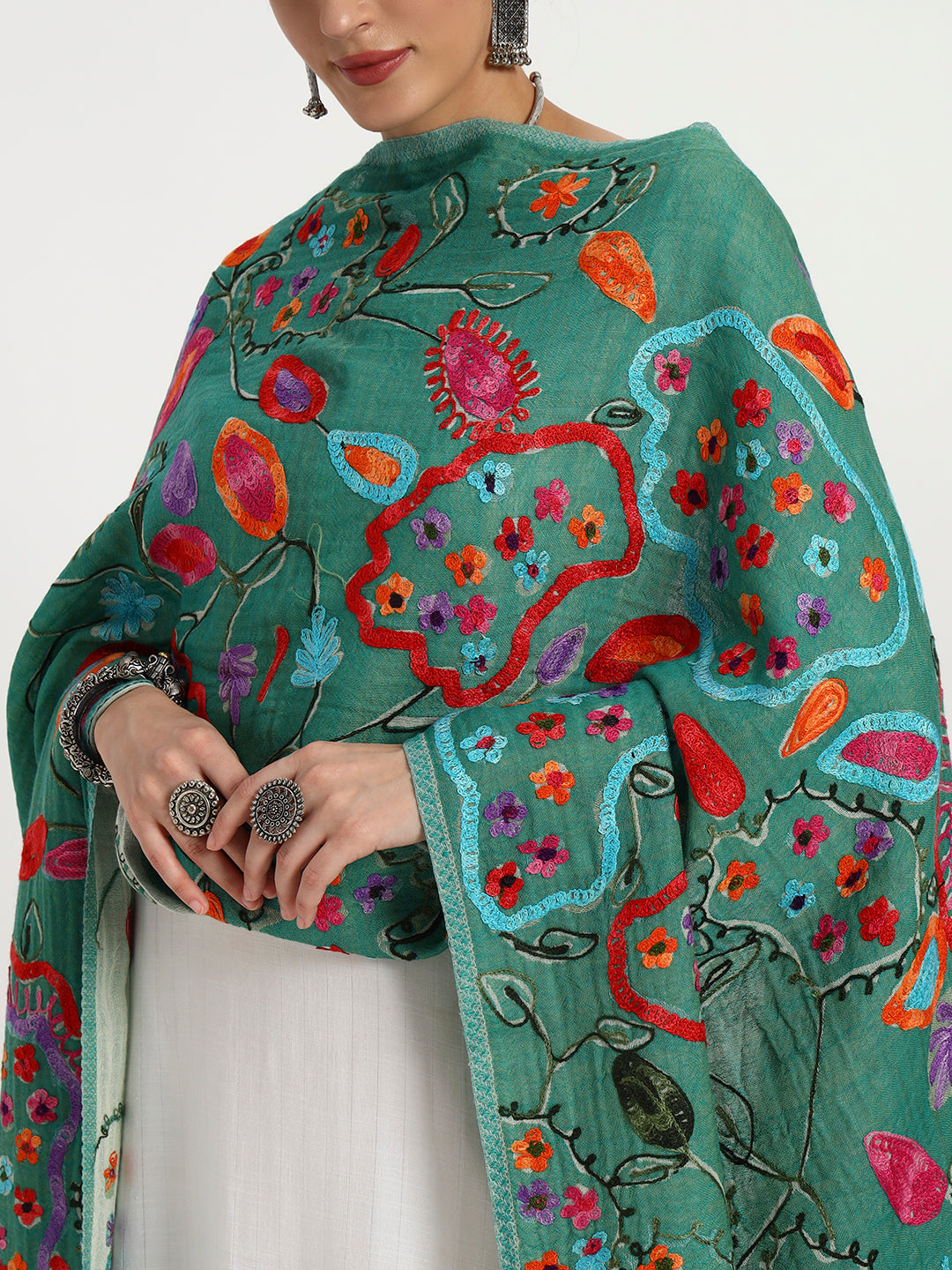 Women’s Boiled Wool Stole with Printed Design & Ari Embroidery