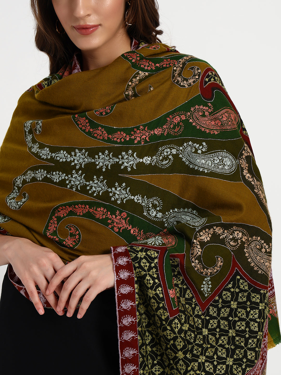 Women's Handcrafted Pashmina Sozni Kalamkari Shawl