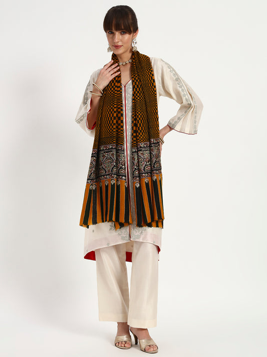 Women's Handcrafted Pashmina Sozni Palladaar Stole with Check Print