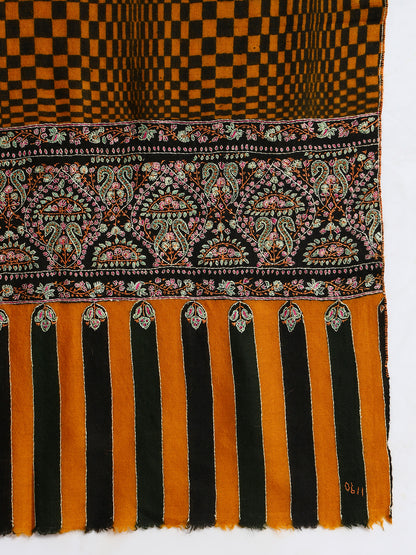 Women's Handcrafted Pashmina Sozni Palladaar Stole with Check Print