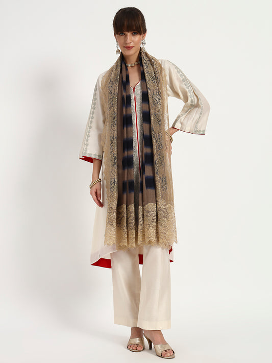 Fine Wool Printed Stole with Floral Lace Border for Women