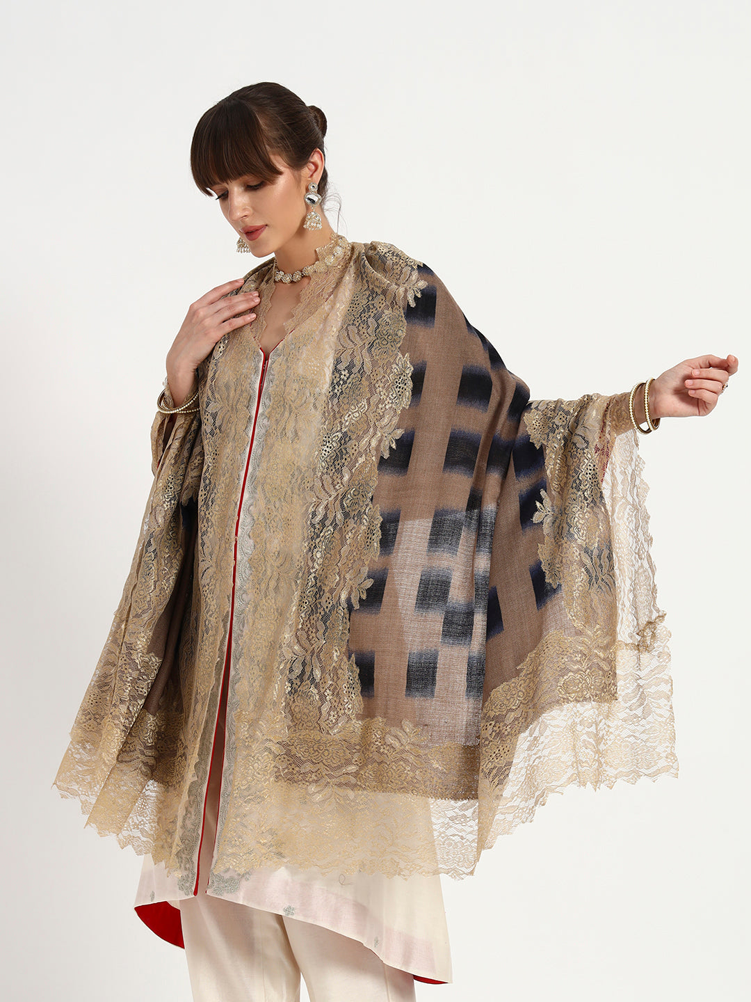 Fine Wool Printed Stole with Floral Lace Border for Women