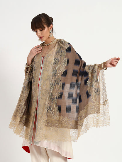 Fine Wool Printed Stole with Floral Lace Border for Women