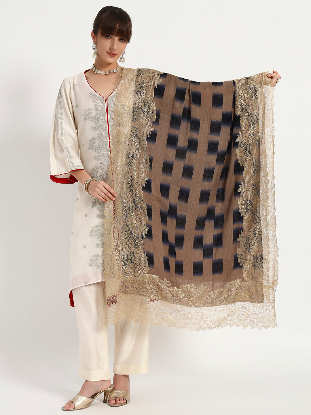 Fine Wool Printed Stole with Floral Lace Border for Women