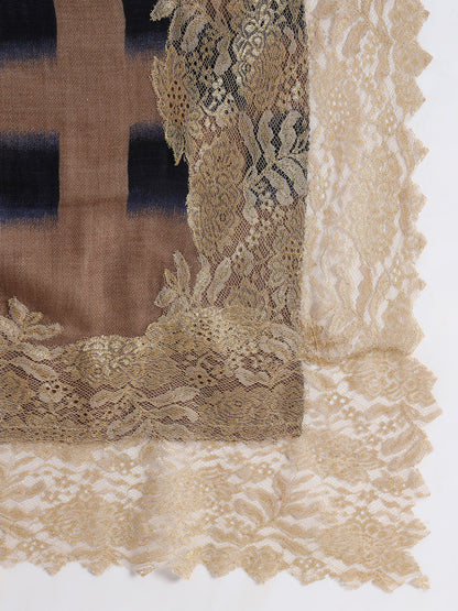 Fine Wool Printed Stole with Floral Lace Border for Women