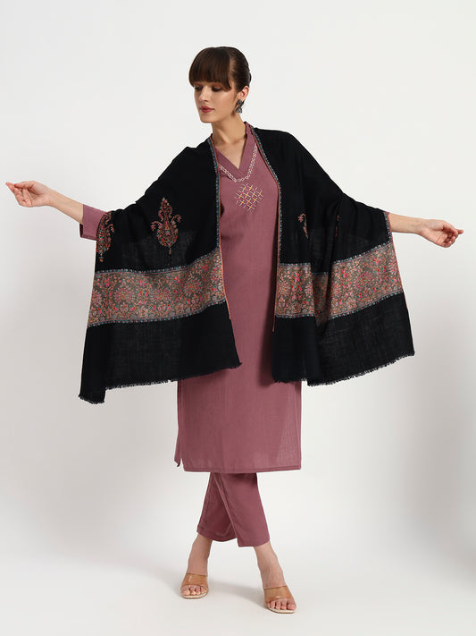 Women's Handcrafted Pashmina Sozni Palladaar Stole with Paisley Bootah Motifs