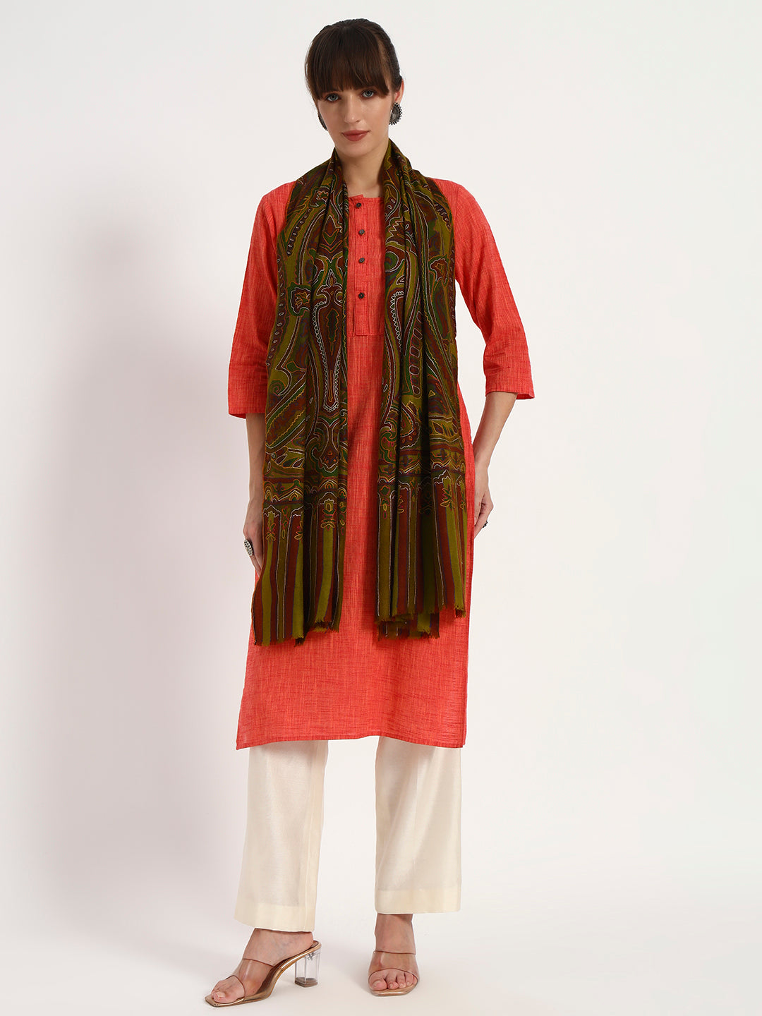 Women's Handcrafted Pashmina Kalamkari & Sozni Embroidery Stole
