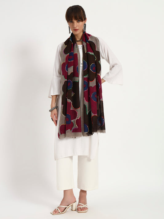 Women’s Fine Wool Printed Stole with Hand Embroidery