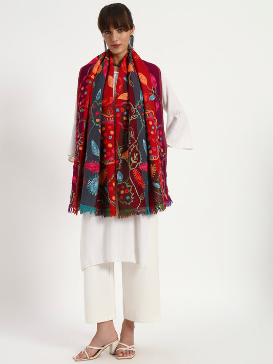 Women’s Boiled Wool Printed Stole with Ari Embroidery