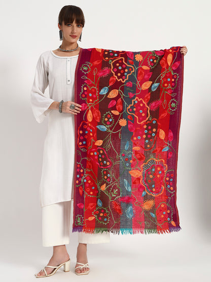 Women’s Boiled Wool Printed Stole with Ari Embroidery