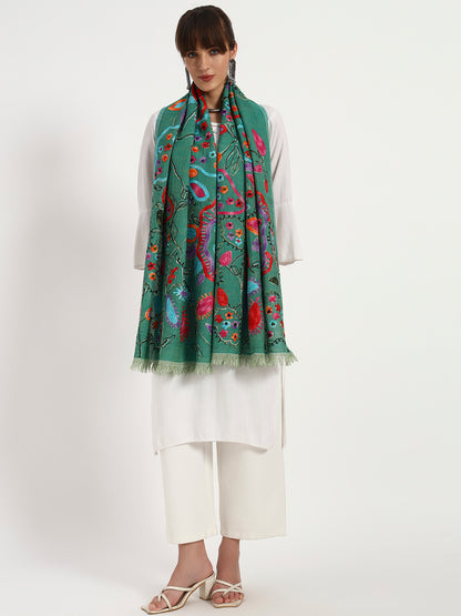 Women’s Boiled Wool Stole with Printed Design & Ari Embroidery