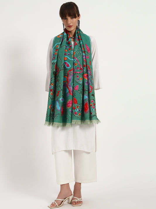 Women’s Boiled Wool Stole with Printed Design & Ari Embroidery