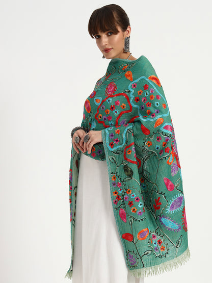 Women’s Boiled Wool Stole with Printed Design & Ari Embroidery