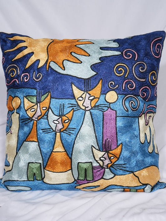 Hand-embroidered chain-stitch cushion cover