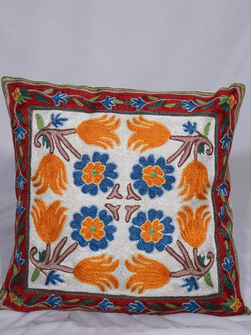 Hand-embroidered chain-stitch cushion cover