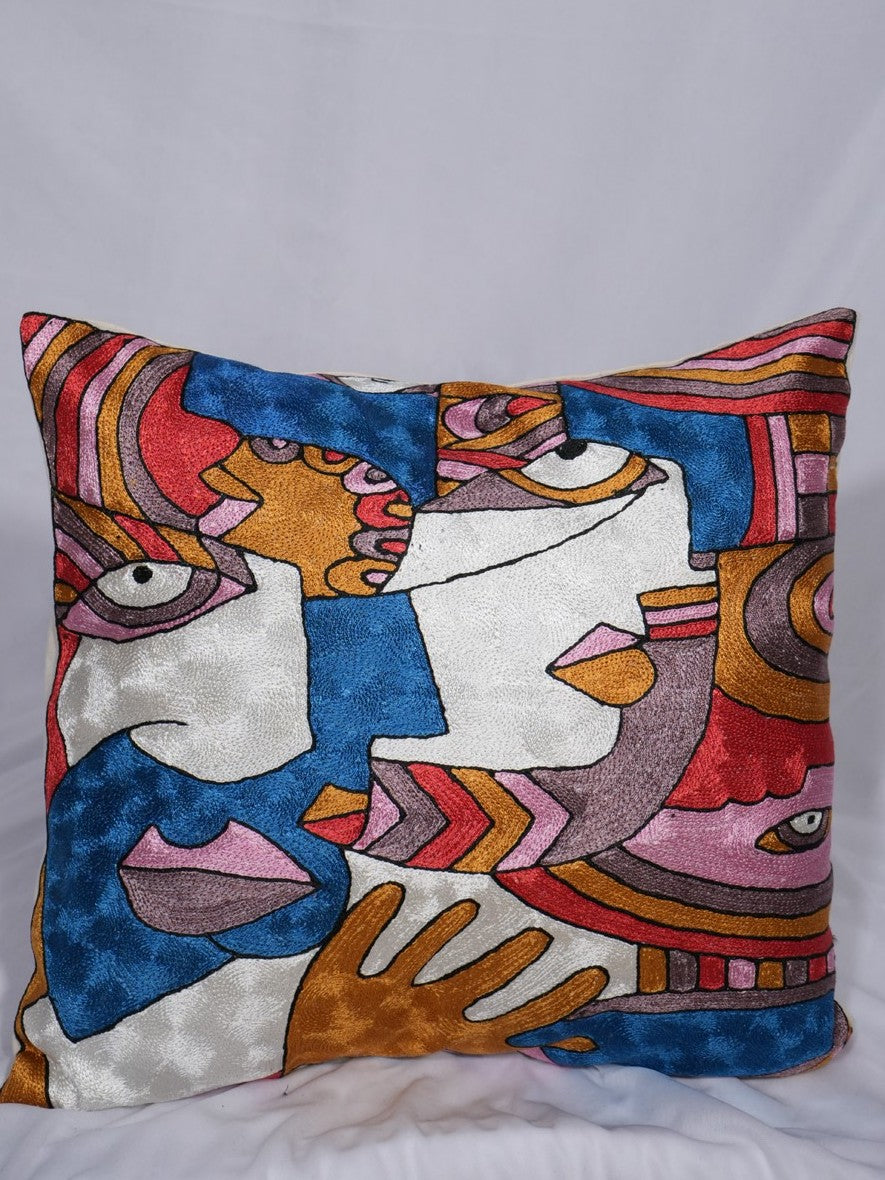 Hand-embroidered chain-stitch cushion cover